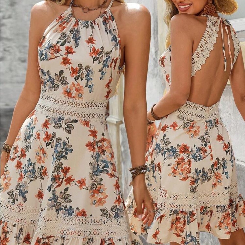 Boho Floral Halter Sundress in Cream with Rust & Blue Flowers